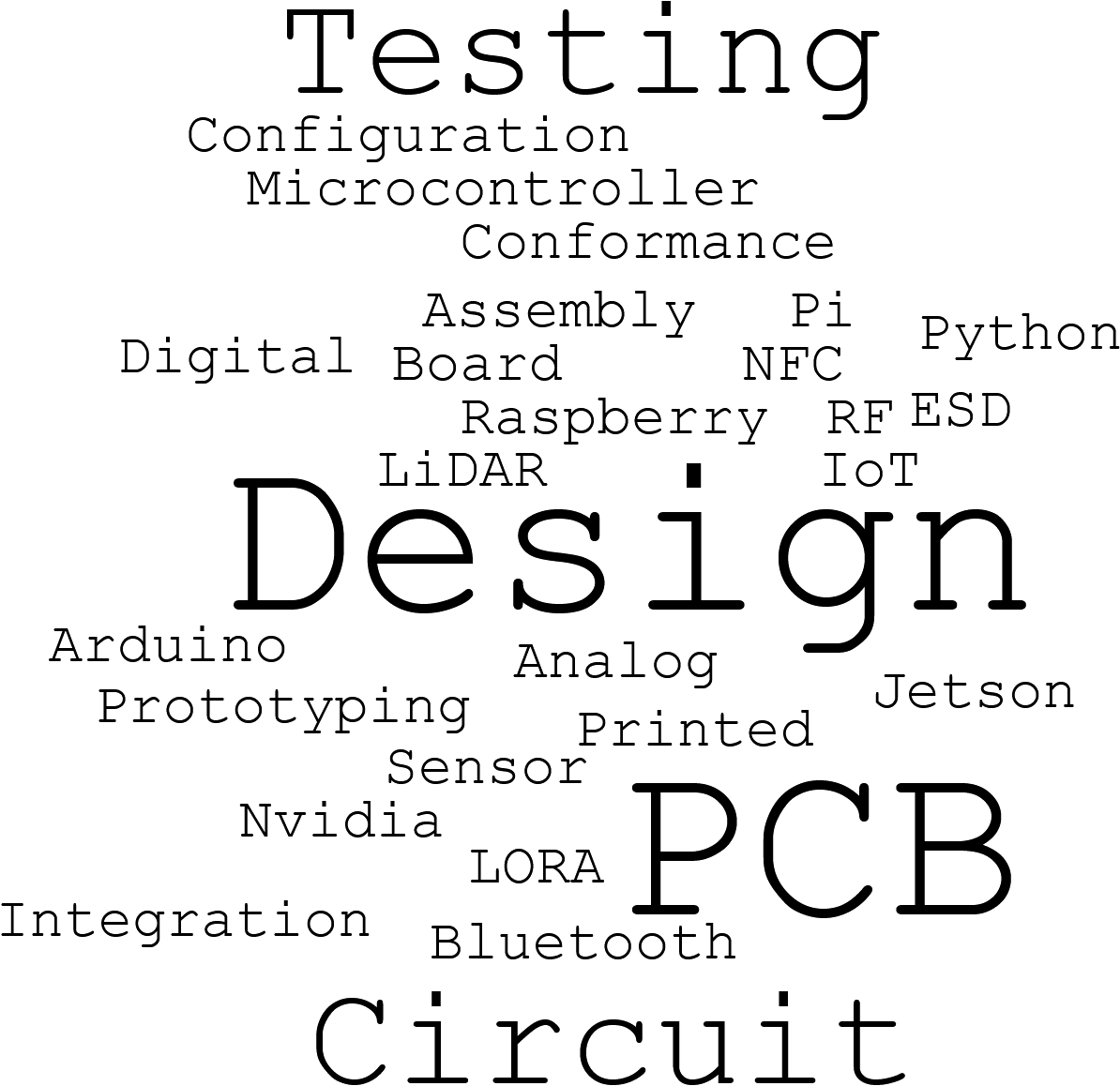 Analog and Digital Circuit Design, Sensor Integration, Microcontroller Configuration, IoT, RF, NFC, LORA, Bluetooth, PCB, Testing, ESD Conformance, PCB, Printed Circuit Board, Prototyping, Assembly, C++, Python, Arduino, Raspberry Pi, Nvidia Jetson, Design, Design, Testing, PCB